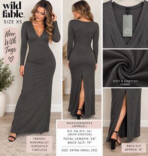 Wild Fable Charcoal Gray Long Sleeve Maxi Dress XS NWT Deep V Neck